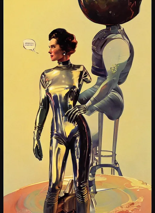 Image similar to elegant lady wearing a latex spacesuit standing on venus, by norman rockwell, jack kirby, jon berkey, earle bergey, craig mullins, ruan jia, jeremy mann, tom lovell, marvel, astounding stories, 5 0 s pulp illustration, scifi, fantasy