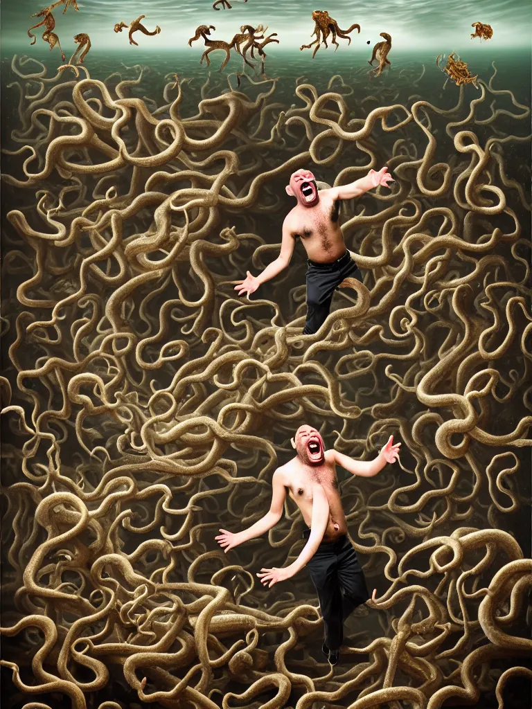 Image similar to a formal portrait photograph of a screaming man in the squally ocean swarmed by squids, dogs, baboons, and squirrels, the man's mouth is stuffed with bones and the water foams all over the gaff