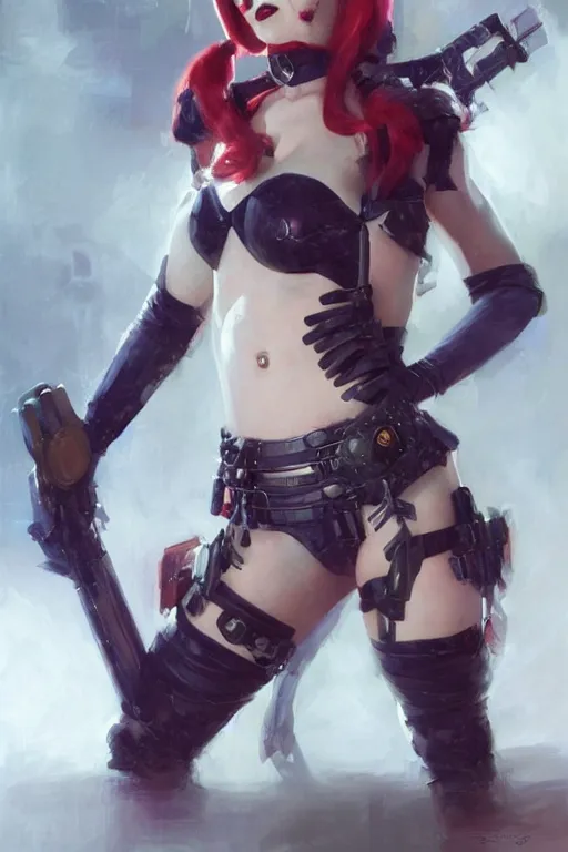 Image similar to portrait of Harley Quinn in bikini armor, dc comics, cyberpunk, Warhammer 40000, dark fantasy, digital art from artstation by Ruan Jia and Mandy Jurgens and Artgerm and william-adolphe bouguereau