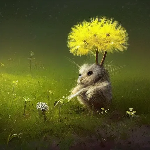 Prompt: the dandelion plant with the big cute eyes looks so cute. detailed digital art by greg rutkowski, thomas kinkade and keith parkinson, artstation, cgsociety, 8 k, hd