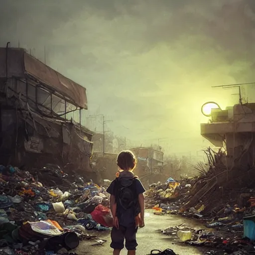 Image similar to poor detailed child with backpack standing at cars looking for food at garbage dump, destroyed cars, city is pure wasteland, moody sunset in background, greg rutkowski, alphonse mucha, trending on artstation, artgerm, unreal engine, breathtaking, award winning, highly detailed