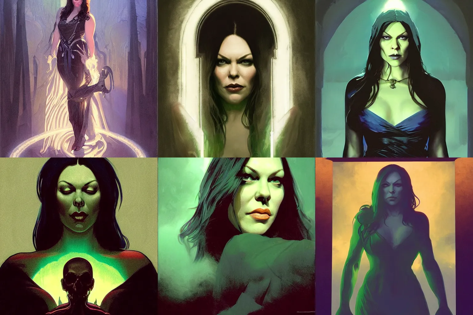 Prompt: a medium shot of Laura Prepon as a necromancer, gothic, dramatic backlighting, blue hour, lit from below with green lighting, high contrast, highly detailed, sharp focus, digital painting, concept art, illustration, trending on artstation, art by greg rutkowski + greg hildebrandt + alphonse mucha