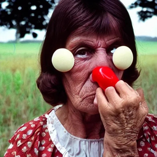 Image similar to middle-agedwoman wearing an inflatable nose, with extra eyeballs, in the countryside 1979 arthouse film, archival footage, technicolor film expired film