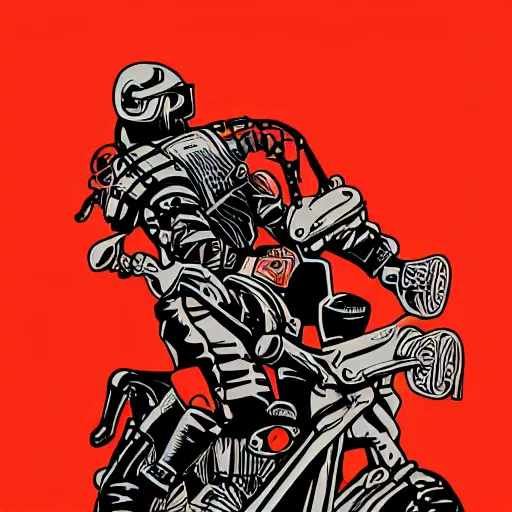 Image similar to An illustration of a mechanical punk motorcyclist carrying a samurai sword , on a red background, by matt griffin