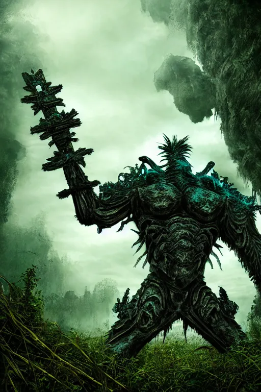 Image similar to post - gothic giant muscular humanoid chimera, exoskeleton armor, holding katana, dystopian ruins covered in vegetation, highly detailed smooth digital art masterpiece, vitaly bulgarov giger dramatic dark teal light, ground angle hd 8 k, sharp focus