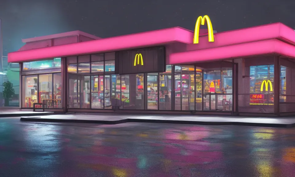 Image similar to exterior shot of a mcdonalds in a cyberpunk city, at night, neon lights, light bloom, octane render, rainy, reflections