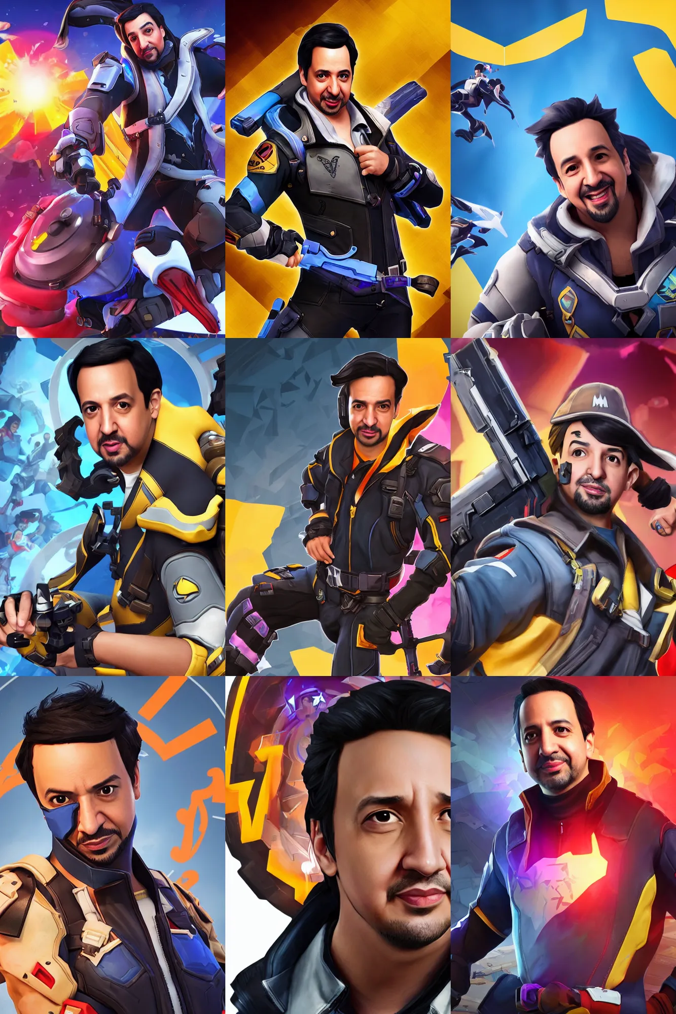 Prompt: Lin Manuel Miranda as overwatch hero, class tank, character art closeup villain Talon