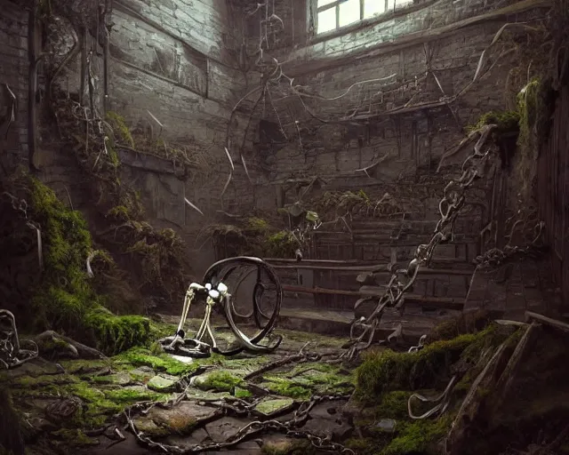Image similar to a skeleton chained up in a corner of an old abandoned dungeon, very little moss, dark, ancient. Atmospheric lighting, By Makoto Shinkai, Stanley Artgerm Lau, WLOP, Rossdraws, James Jean, Andrei Riabovitchev, Marc Simonetti, krenz cushart, Sakimichan, D&D trending on ArtStation, digital art.