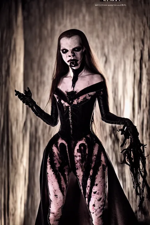 Image similar to dressed anya taylor - joy, a sinister demonic queen of cenobites, symmetrical, cinematic, elegant, demonic atmosphere, professional studio light, real dlsr photography, sharp focus, costume made by clive barker, real rotten flesh and blood, 4 k, ultra hd, sense of awe