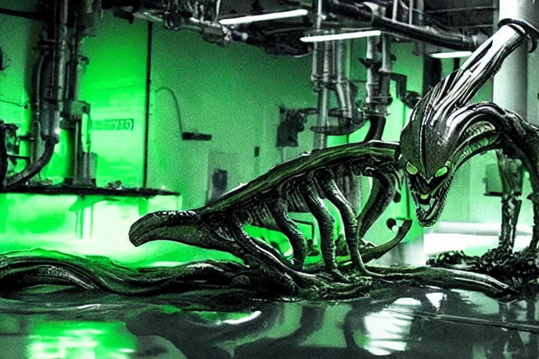 Prompt: a xenomorph emerging from a glowing green slime, slick surfaces, photograph captured in a factory