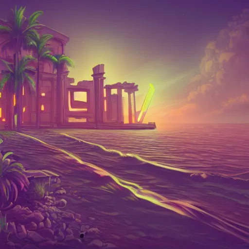 Image similar to neon ancient ruins in the sea, retrowave art,digital art,trending on art station