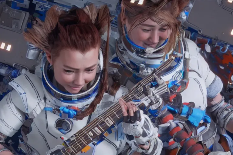 Prompt: cinematic picture of aloy from the horizon zero dawn videogame playing the guitar in the international space station, unreal engine 5