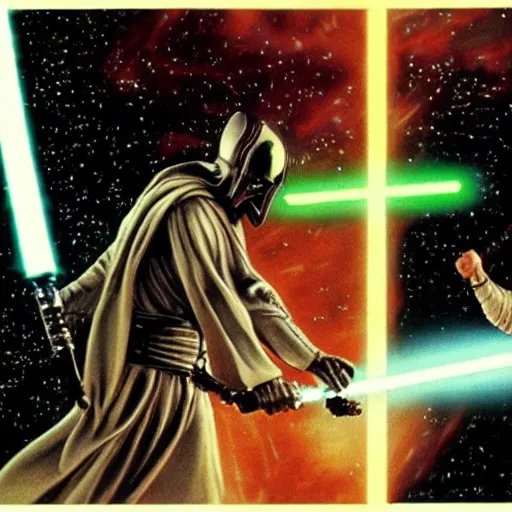 Image similar to obi wan kenobi fighting a xenomorph alien with his lightsaber in star wars a new hope 1 9 7 7