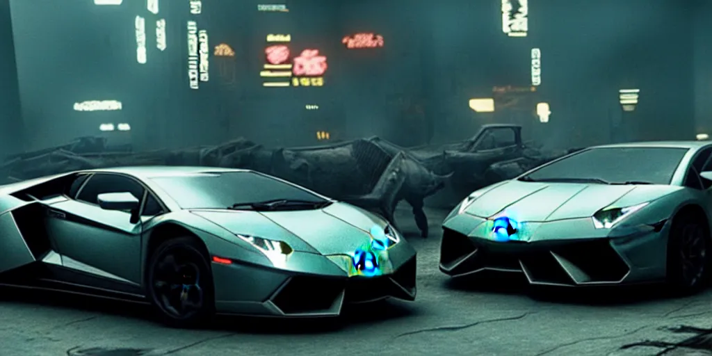 Prompt: A cinematic film still of a Lamborghini in the movie Blade Runner: 2049.