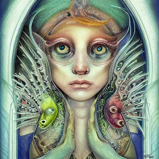 Image similar to detailed and sharp portrait of piscesthe fishes artistic zodiac artwork, mystic style, detailed, 8 k, detailed, symmetrical, by brian froud