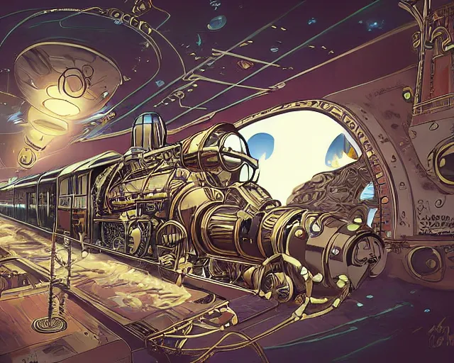 Image similar to steampunk train in space, digital Art, Rendering