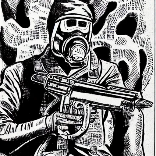 Prompt: concept art of a man with a gas mask and a hunting rifle, by steve ditko, insanely detailed