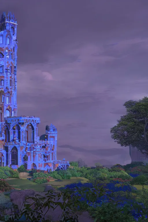 Image similar to view of the mysterious blue tower in its gardens after a storm, tall windows lit up, beautiful ornamental architecture, dramatic cinematic lighting, rich colors, by Nicholas Roerich and William Dyce and April Gornik and Ludwig Deutsch , unreal engine