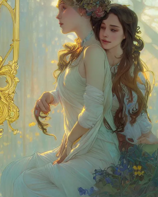 Image similar to secret romance, highly detailed, gold filigree, romantic storybook fantasy, soft cinematic lighting, award, disney concept art watercolor illustration by mandy jurgens and alphonse mucha and alena aenami, pastel color palette, featured on artstation