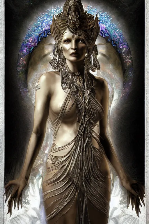 Prompt: a realistic moody photo of a beautiful ancient alien woman goddess kate moss durga standing in iris van herpen dress jewelery and fractals in style of alphonse mucha art nuvo dmt trending on artstation made in unreal engine 4