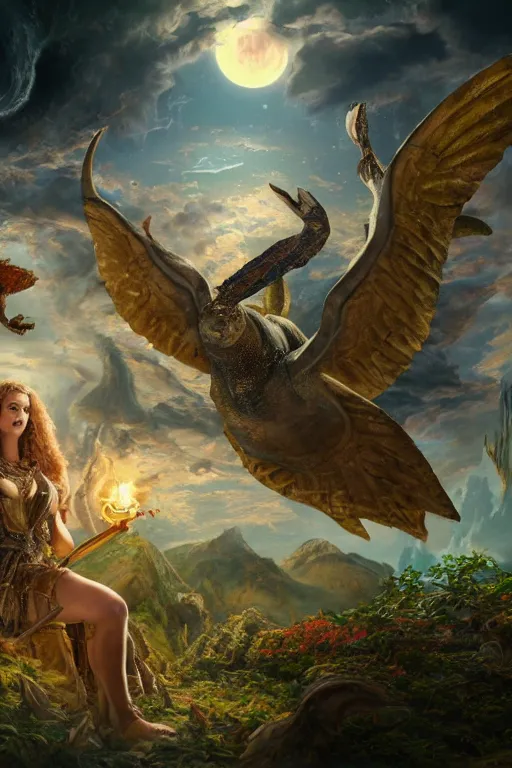 Image similar to A fantasy book style portrait painting of the Great Turtle Island at the center of the Universe, accompanied by a hybrid, Anya_Taylor-Joy, Cory Chase, Eva Green, as a Mystical Valkyrie, Anubis-Reptilian, Atlantean Warrior, François Boucher, Oil Painting, unreal 5, DAZ, hyperrealistic, octane render, Regal, Refined, Detailed Digital Art, RPG portrait, Walt Disney (1937), William-Adolphe Bouguereau, Michael Cheval, Steampunk, Volumetric Golden dappled dynamic lighting, Highly Detailed, Cinematic Lighting, Unreal Engine, 8k, HD