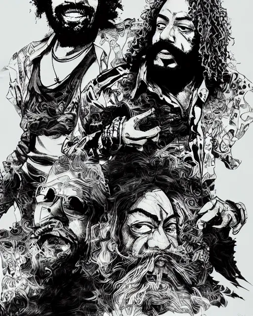 Image similar to portrait of cheech and chong, concept art, sumi - e style, intricate linework, artstation, trending, highly detailed, smooth, focus, art by yoji shinkawa,