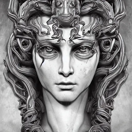 Image similar to medusa, highly detailed, symmetrical long head, smooth marble surfaces, detailed ink illustration, raiden metal gear, cinematic smooth stone, deep aesthetic, concept art, post process, 4k, carved marble texture and silk cloth, latex skin, highly ornate intricate details, in the style of frank miller