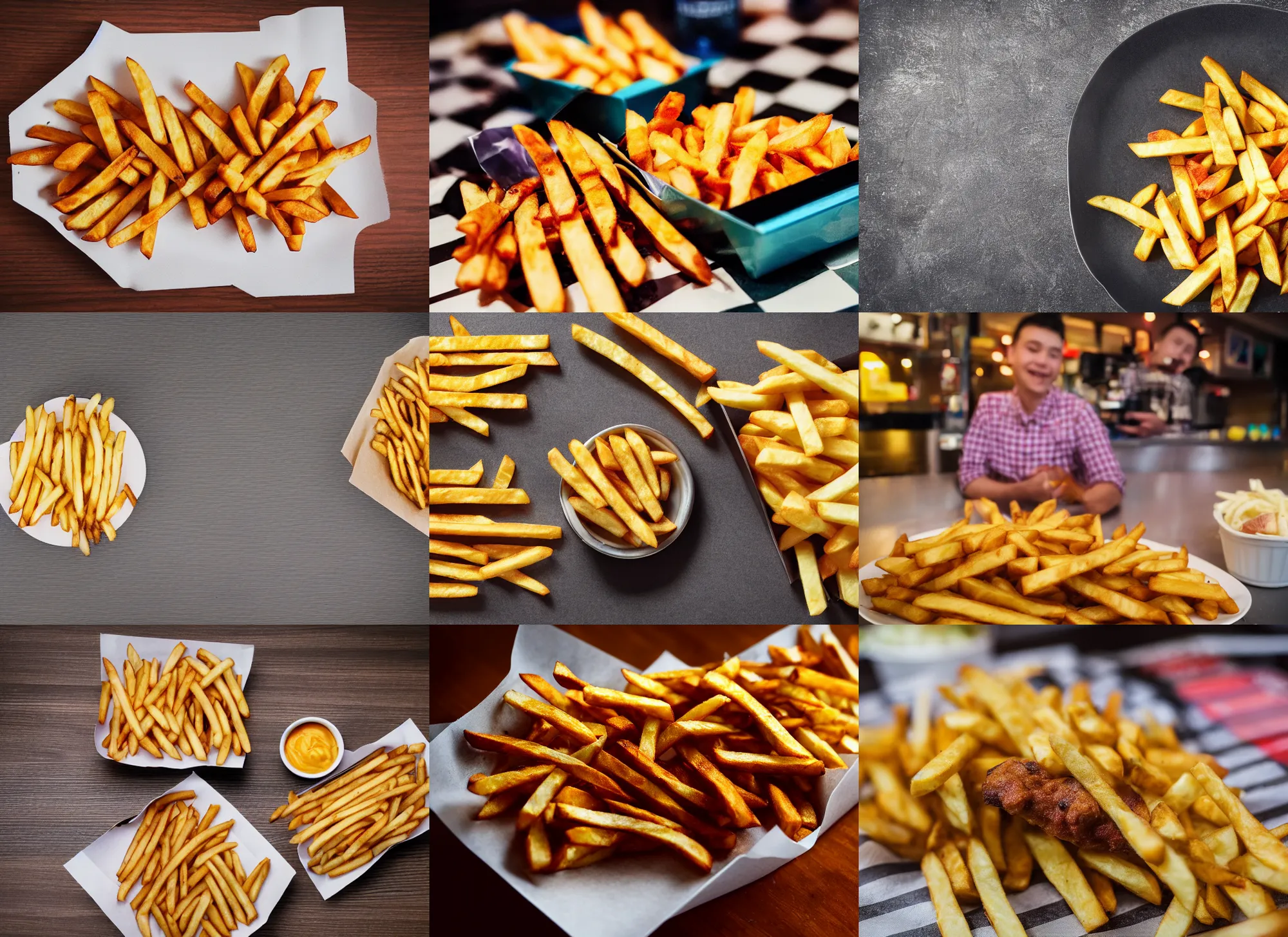 Prompt: dslr food photograph of checker's fries, fast food 8 5 mm f 1. 8