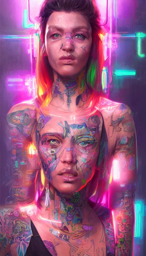 Image similar to a stunning highly detailed digital portrait of a cyberpunk woman in strong lighting, tattoos and electronics, neon reflections, pastel colors, by mandy jurgens, highly detailed, oil on canvas