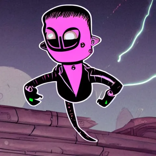Prompt: elon musk as invader zim, move still, cinematic lighting