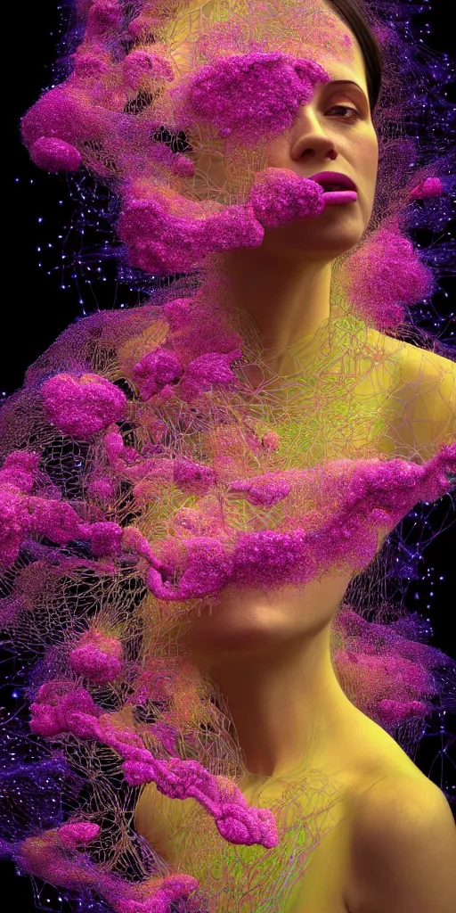 Prompt: hyper detailed 3d render like a Oil painting - portrait of Aurora (Singer) seen Eating of the Strangling network of yellowcake aerochrome and milky Fruit and Her delicate Hands hold of gossamer polyp blossoms bring iridescent fungal flowers whose spores black the foolish stars by Jacek Yerka, Mariusz Lewandowski, Houdini algorithmic generative render, Abstract brush strokes, Masterpiece, Edward Hopper and James Gilleard, Zdzislaw Beksinski, Mark Ryden, Wolfgang Lettl, hints of Yayoi Kasuma, octane render, 8k