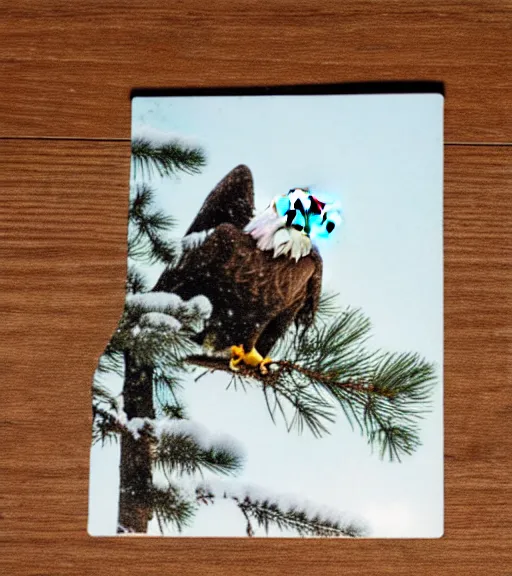 Prompt: damaged postcard of 'an eagle in the nest of a snowy pine tree' laying on coffee table, zoomed out shot