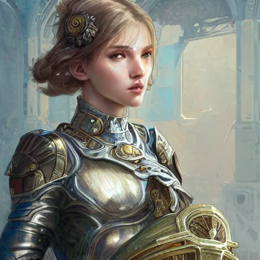 Image similar to portrait knights of Zodiac girl, silver and ice color reflected armor, in ruined Agora of Athens, ssci-fi, fantasy, intricate, very very beautiful, elegant, golden light, highly detailed, digital painting, artstation, concept art, smooth, sharp focus, illustration, art by tian zi and WLOP and alphonse mucha