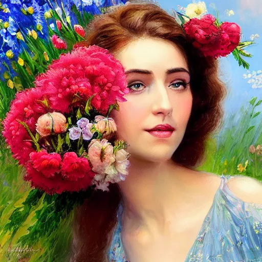 Image similar to a portrait of a romantic woman with flowers grow out of hair, roses peonies forget-me-nots dahlias lupins gladioli, sky theme in background, by Alexandr Averin, Digital Art, Trending on artstation