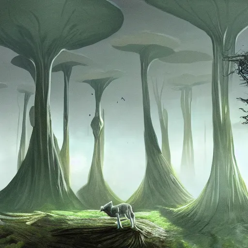 Image similar to the setting of c. s. lewis's out of the silent planet tall alien quadrupeds and tall mushroom trees sci - fi setting