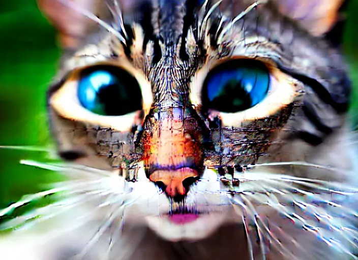 Image similar to up close fisheye lens photo of a cats face, fisheye lens