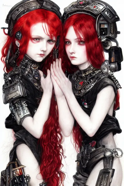 Prompt: portrait of two cute beautiful young goth maidens, red hairs and white hairs, cyberpunk, Warhammer 40000, gothic, highly detailed, artstation, illustration, art by Gustav Klimt and Range Murata