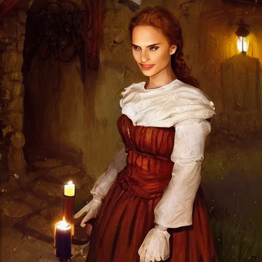 Prompt: young, freckled, curly haired, redhead Natalie Portman as a optimistic!, cheerful, giddy medieval innkeeper in a dark medieval inn. dark shadows, colorful, lumnious candle light, law contrasts, fantasy concept art by Jakub Rozalski, Jan Matejko, and J.Dickenson