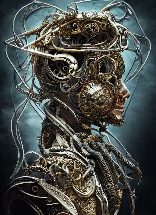 Image similar to portrait of futuristic king arthur knight medusa cyborg, kintsugi, x - ray, steam and cyberpunk, modern fine art, fractal, intricate, elegant, highly detailed, digital photography, subsurface scattering, by jheronimus bosch and james jean,