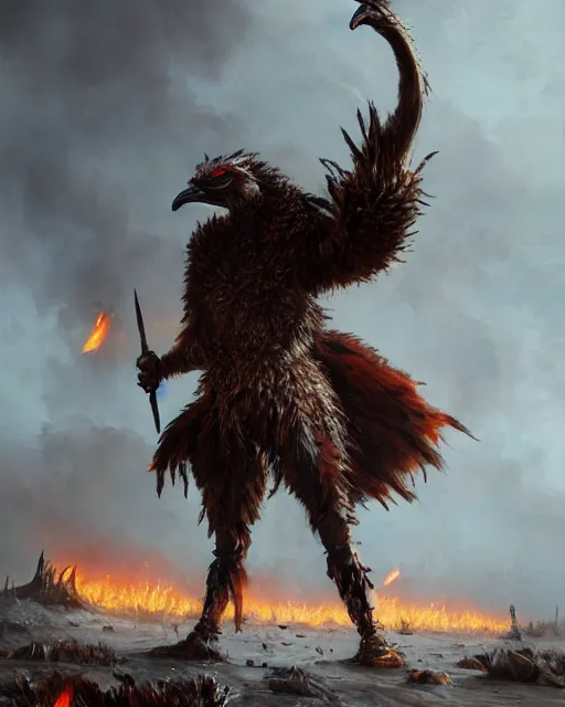 Image similar to oil painting of Angry Anthropomorphized Ostrich Berserker, wearing fur armor, claws, sharp focus, attack pose, fantasy style, octane render, volumetric lighting, 8k high definition, by greg rutkowski, highly detailed, trending on art Station, magic the gathering artwork, burning Battlefield background, centered