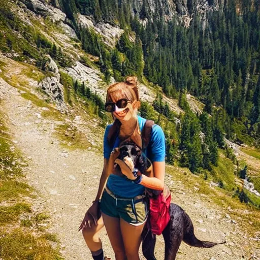 Prompt: cute dog with owner in a beautiful mountain hike picturesque