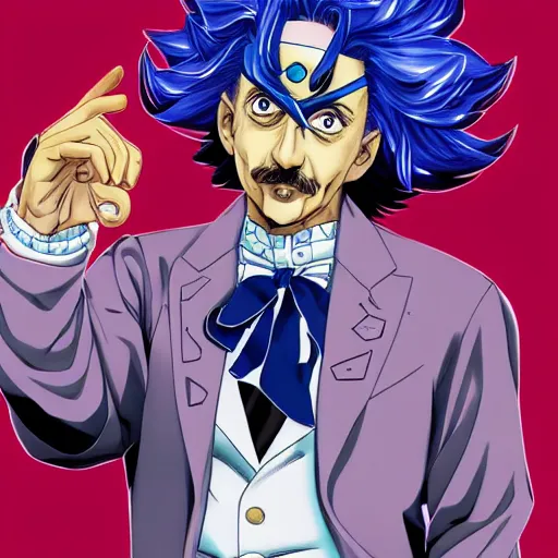 Image similar to Albert Einstein unvieled as new Jojo\'s Bizarre Adventure character, Hirohiko Araki, masterpiece, beautiful, clean lines, dramatic pose, artstation, high resolution scan, Hirohiko Araki, Hirohiko Araki