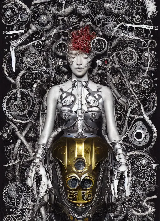 Image similar to portrait of futuristic king arthur knight medusa cyborg, surrounded by drones kintsugi, x - ray, steam and cyberpunk, modern fine art, fractal, intricate, elegant, highly detailed, digital photography, subsurface scattering, by jheronimus bosch and frank miller and greg rutkowski,