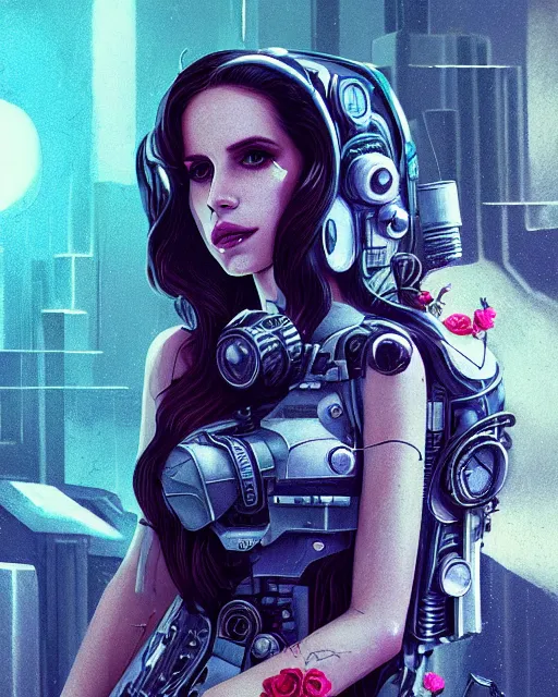 Image similar to portrait of lana del rey as a cyberpunk cyborg. roses, sci - fi, missing panels, intricate abstract upper body intricate artwork, by tooth wu, wlop, beeple, dan mumford. concept art, octane render, deviantart, greg rutkowski, cinematic arthouse, key art, hyper realism, iridescent accents