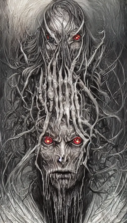 Prompt: Elden Ring and Lord of the Rings themed painting of majestic dark necromancer lord Sauron, intricate artwork by Artgerm, Johnatan Wayshak, Zdizslaw Beksinski, Darius Zawadzki, H.R. Giger, Takato Yamamoto, masterpiece, very coherent artwork, cinematic, high detail, octane render, unreal engine, 8k, High contrast, golden ratio, trending on cgsociety, ultra high quality model, production quality cinema model