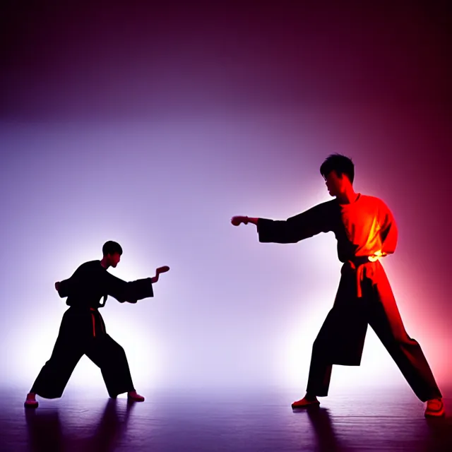 Image similar to wing chun training, detailed wooden dummy form, shanghai, cinematic neon uplighting, fog mist smoke, photorealistic, night photography by tomino - sama