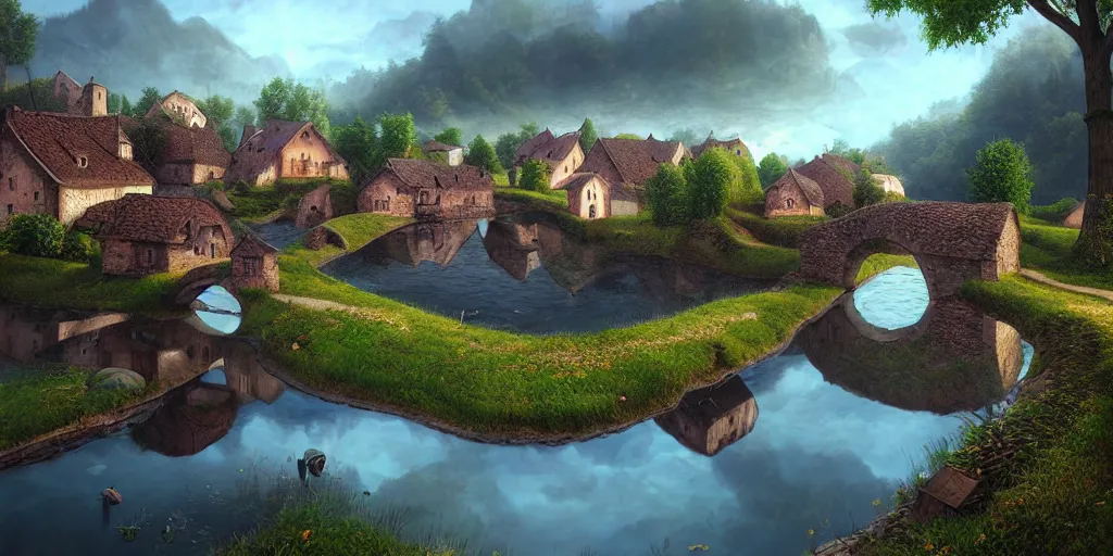 Prompt: super realistic photorealistic detailed village with a river, water, reflection, stone bridge, art by Gediminas Pranckevicius, Michelangelo