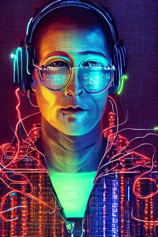 Image similar to stunning highly detailed portrait of a neuromancer hacker with cyber headgear surrounded by wires, neon colors, oil on canvas, strong lighting, by Glenn Fabry, HD, 4K