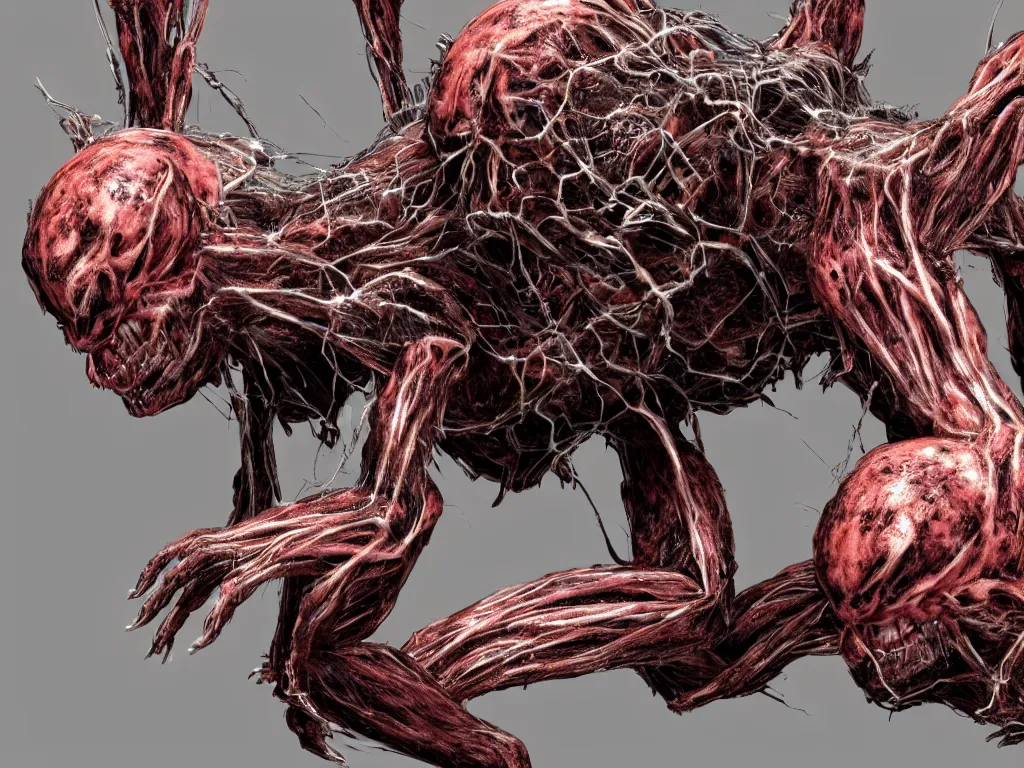 Prompt: Techno-biological iron-meat cat spider. Consisting of tumors, fur, veins, guts, long spider paws, kidneys, wires, shafts. The head is made of mechanisms and a fanged maw. Bodyhorror, biopunk, extremely high detail, ultra realistic, photorealism, concept art, octane render, view from a distance, 8k, 16k