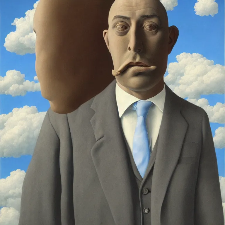 Prompt: portrait of a man made out of clouds in a suit, face hidden by clouds, by rene magritte, detailed painting, hd, hq, high resolution, high detail, 4 k, 8 k